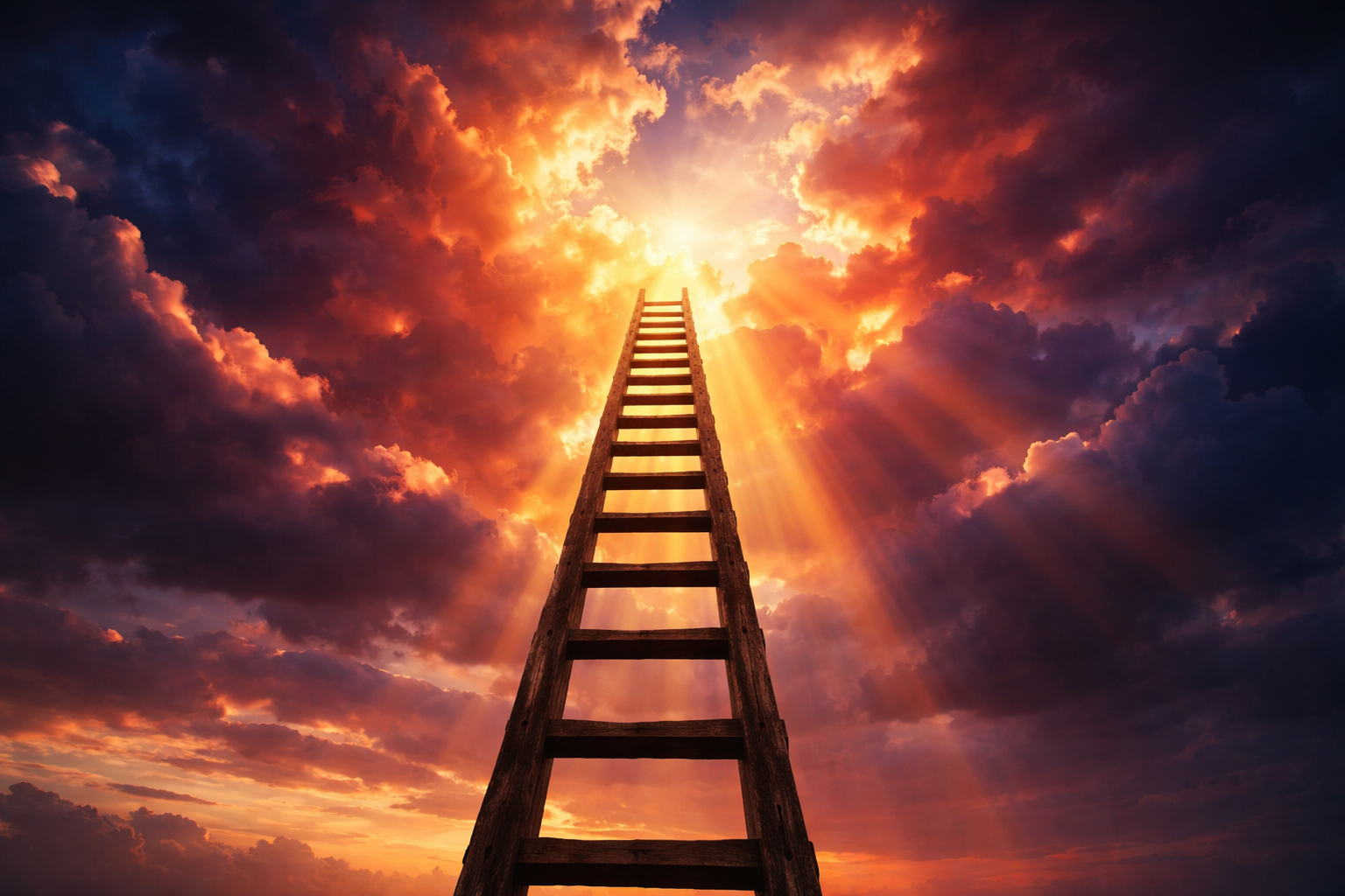 Ladder reaching toward dramatic sunset sky, symbolizing the journey toward our dreams