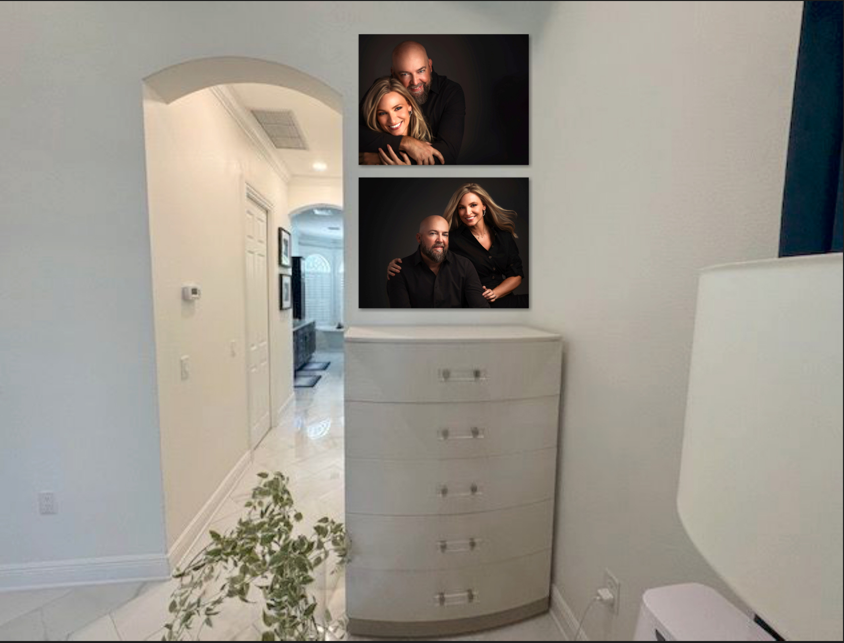 Bedroom wall art — complementary black and white family portraits