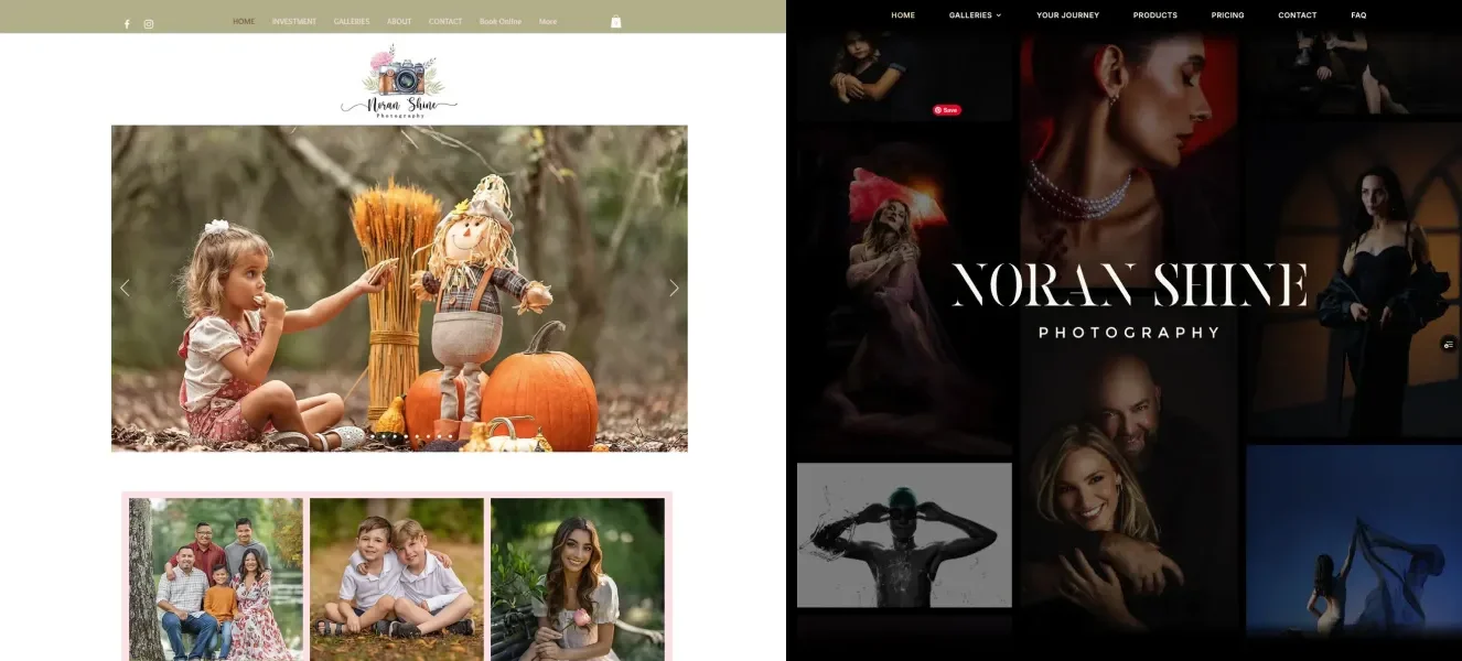 Before and after comparison of Noran Shine Photography website — old WIX site vs new custom design