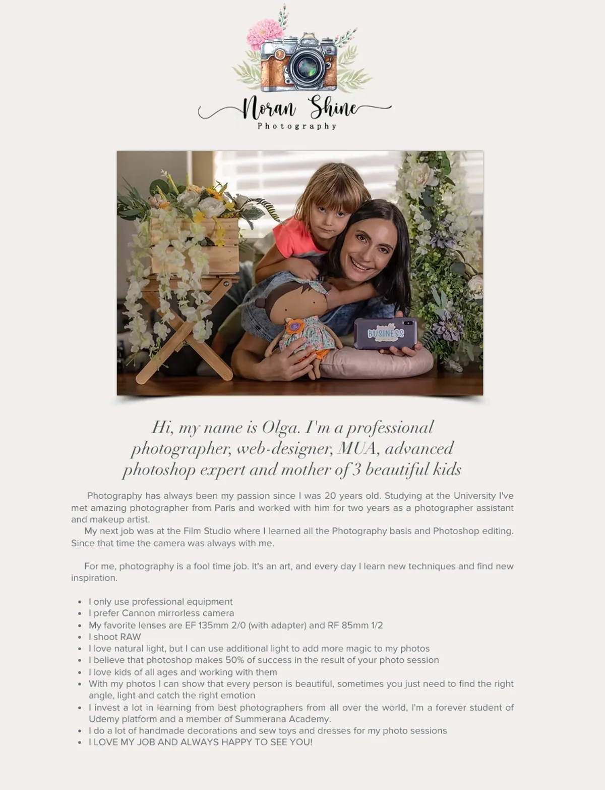 Old Noran Shine About Me page featuring camera equipment list