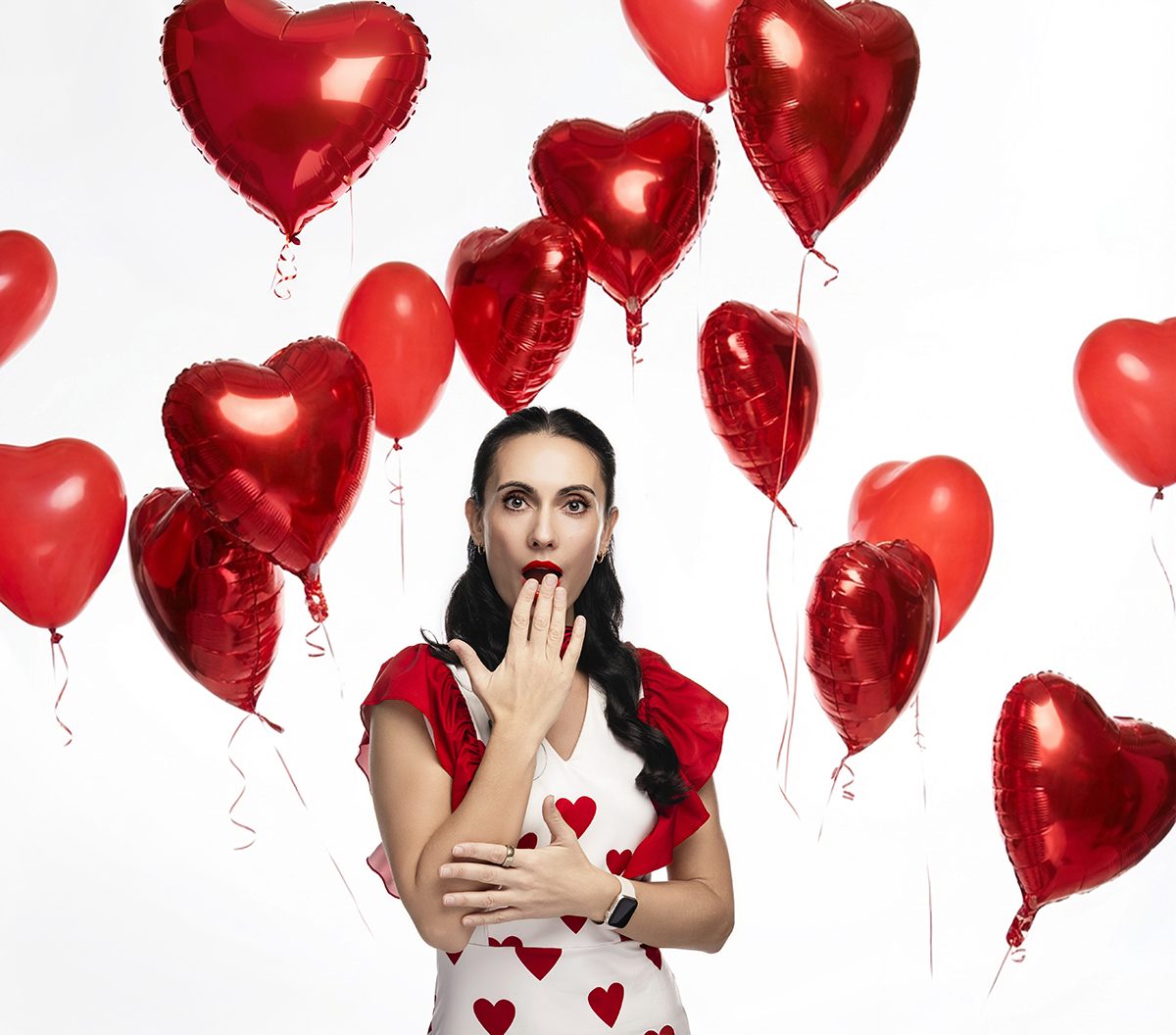 Valentine's portrait with AI-added balloons — same real person, enhanced scene