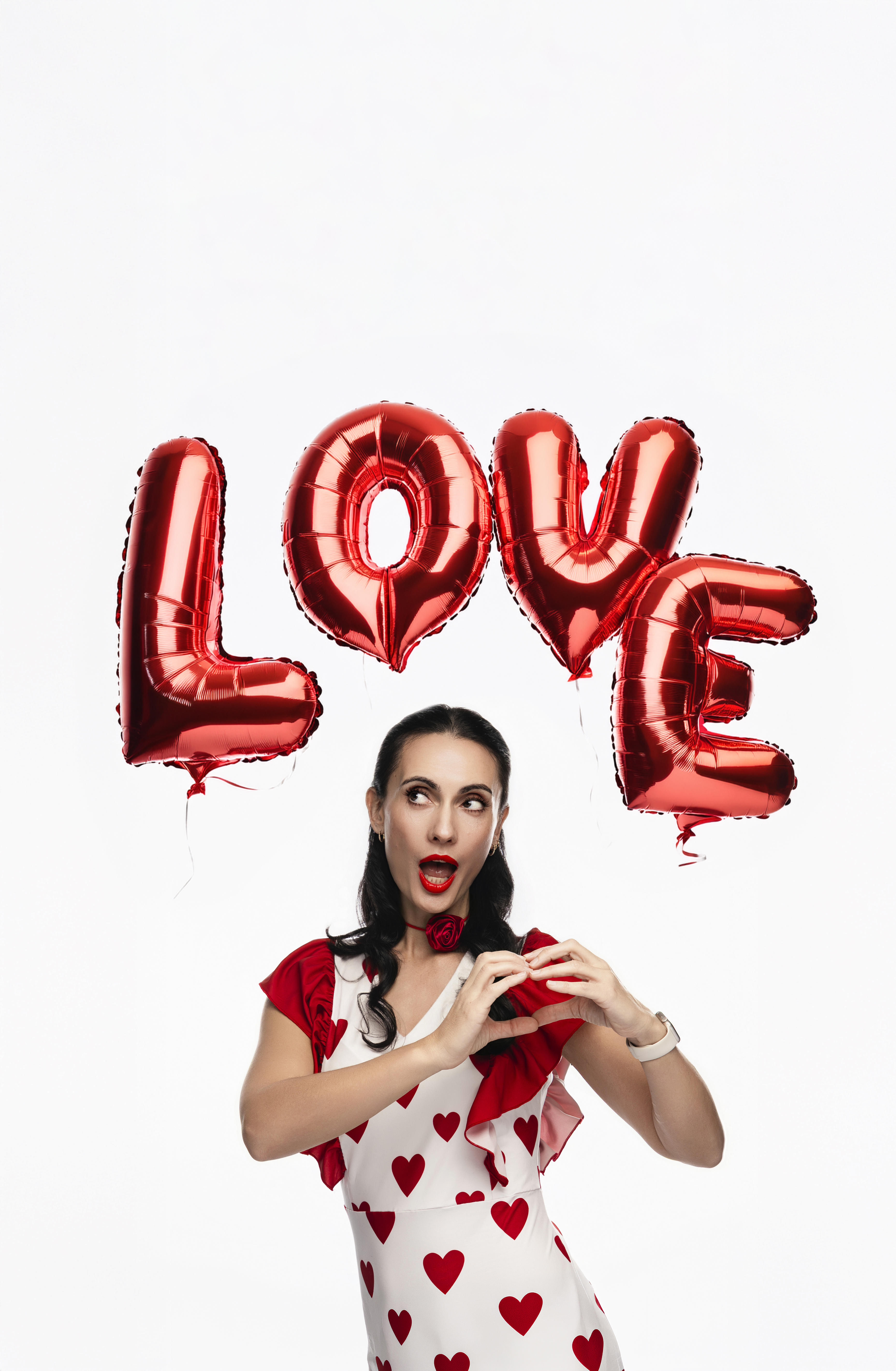 AI-enhanced Valentine's portrait with heart balloons and romantic elements