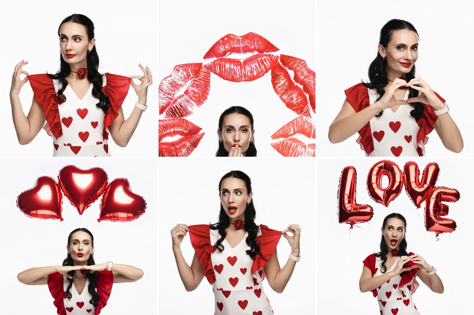 Valentine's Day photography collection — nine portraits showcasing AI-enhanced backgrounds with heart balloons and romantic elements