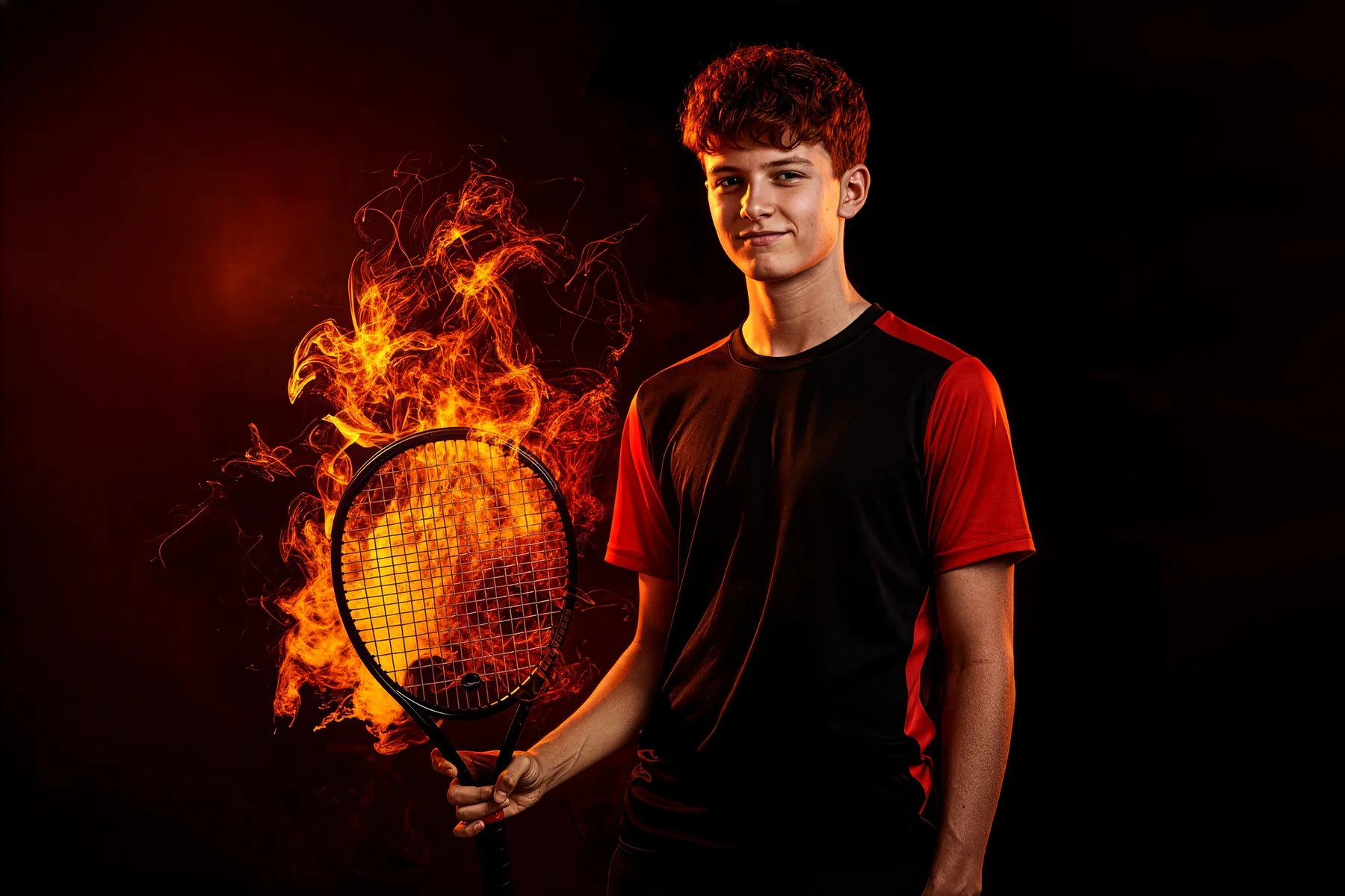 Tennis player holding racket engulfed in flames