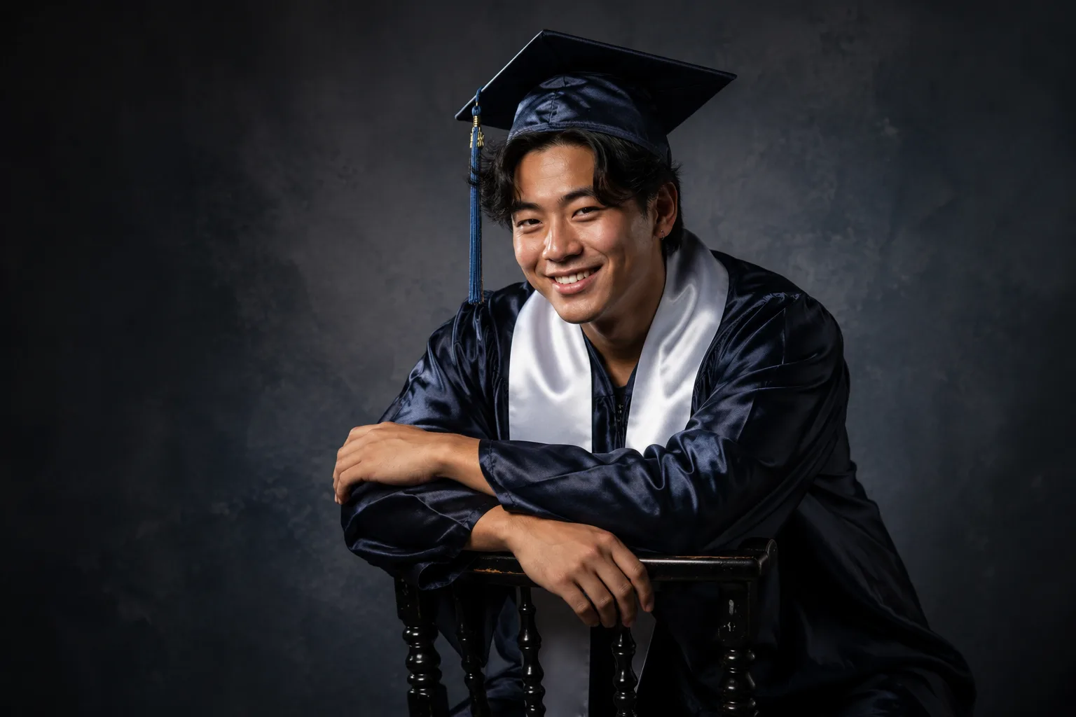 Senior in navy cap and gown with graduation stole, seated and smiling in the studio