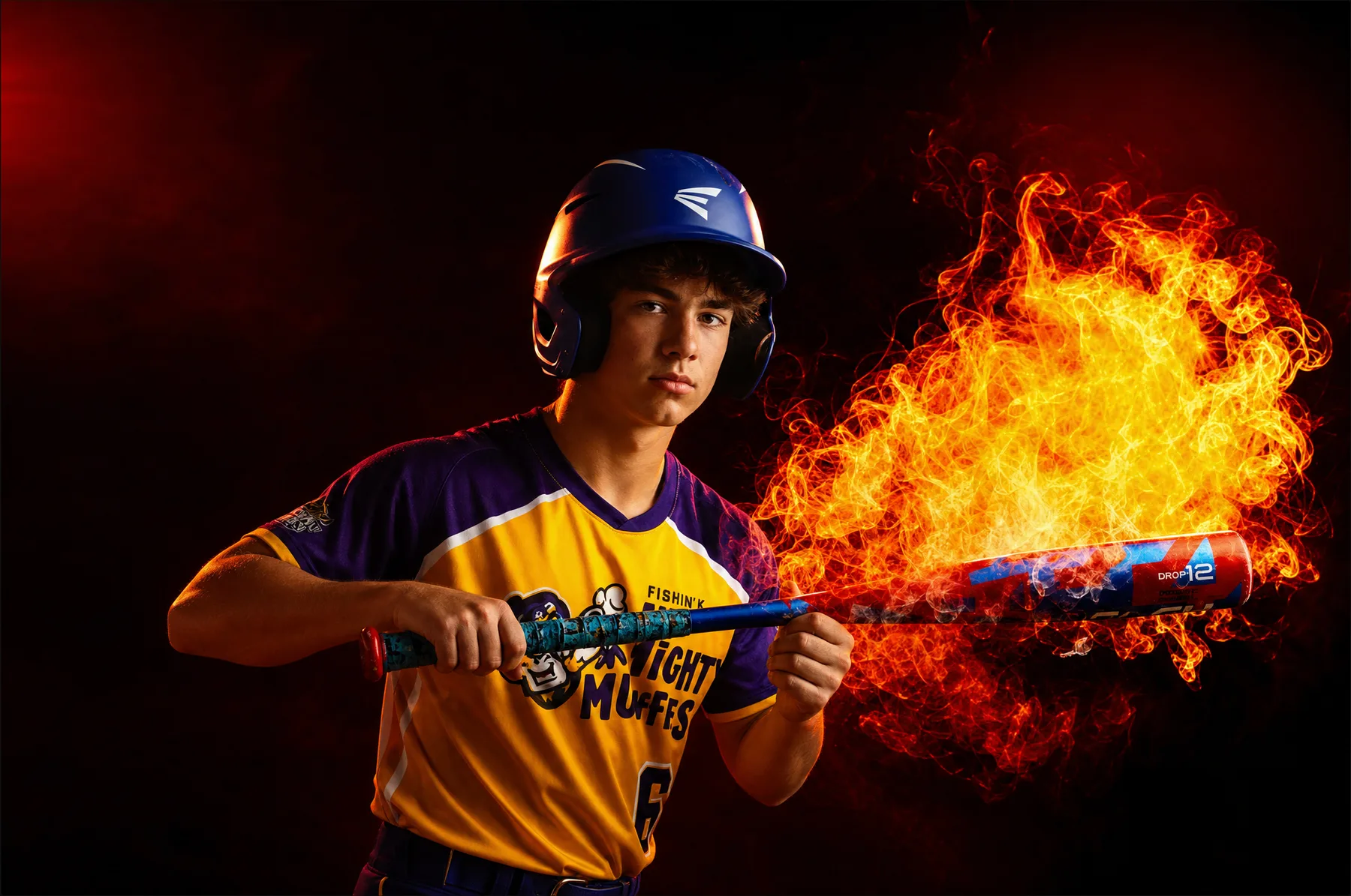 Senior in baseball uniform and helmet holding a bat, with a dramatic flame effect