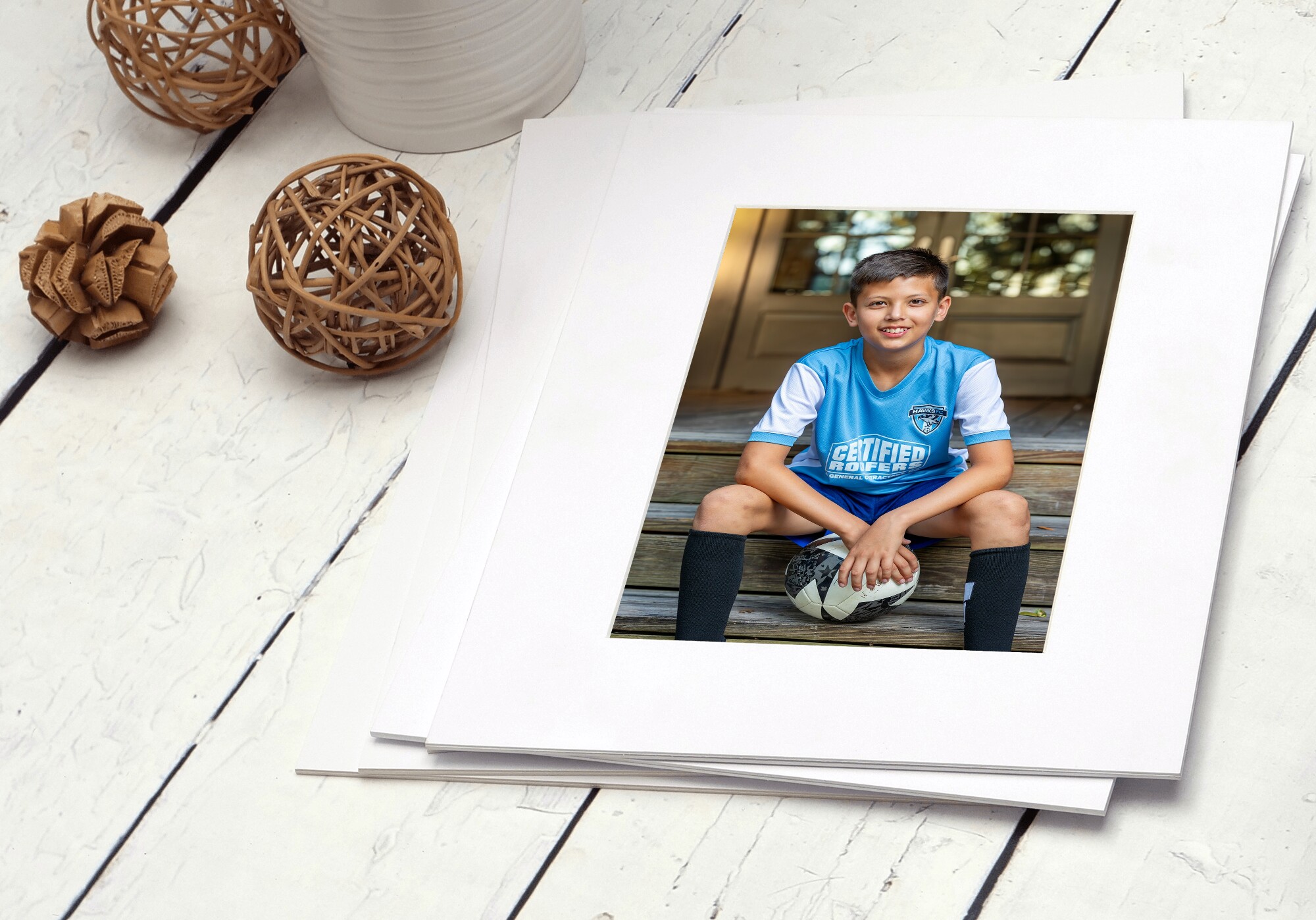 White matted fine art prints of soccer player portrait