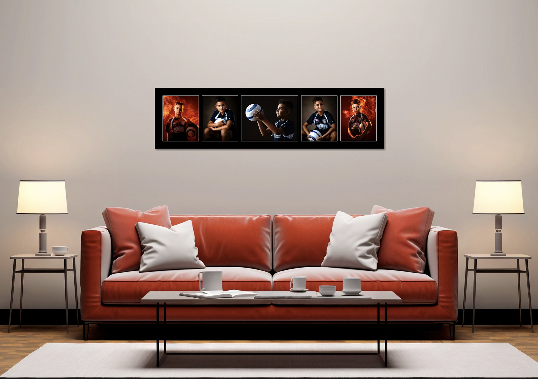 Sports portraits displayed as panoramic wall art above living room sofa